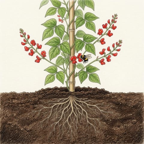 A leafy runner bean vine with sprays of bright red flowers and a bumblebee