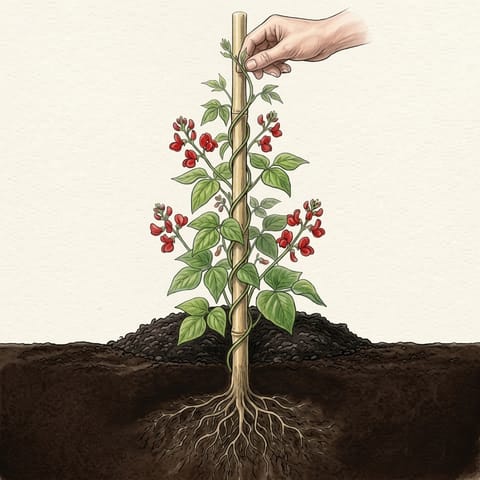 A hand pinching out the tip of a runner bean vine at the top of its cane