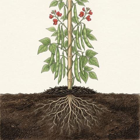 Long flat green runner bean pods hanging among the leaves and red flowers