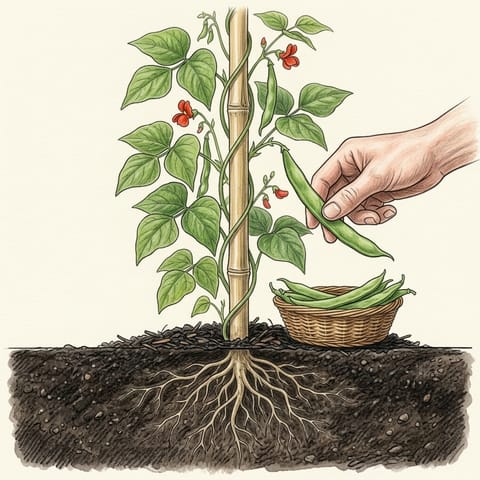 A hand picking a long runner bean pod beside a basket of beans