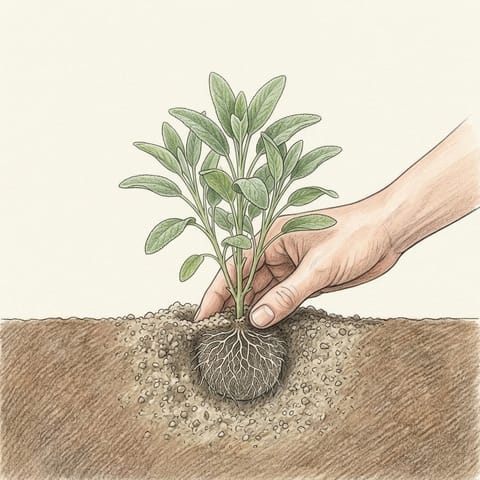 A hand planting a young sage plant in a garden bed