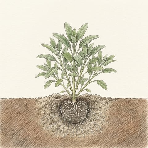 A young sage plant putting out new grey-green shoots