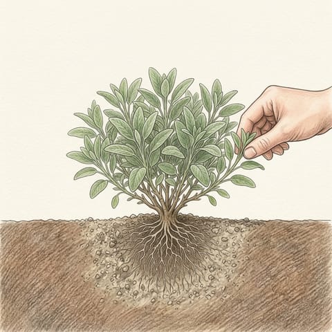 A hand picking a sage leaf from a young bushy plant