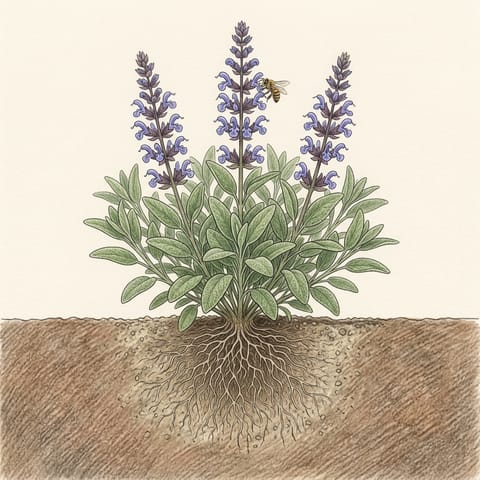 A sage bush with spikes of blue-purple flowers