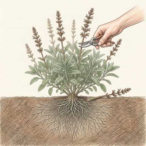 A hand with secateurs cutting off a faded sage flower stem