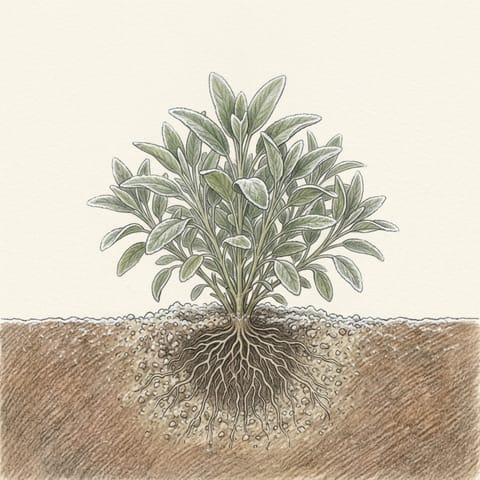 A sage bush in winter with a light frost on its leaves