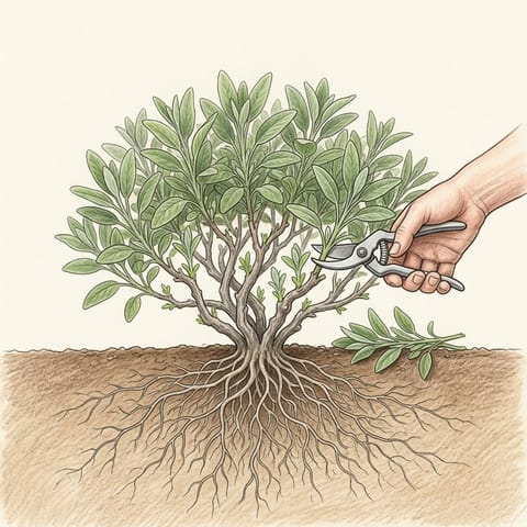 A hand pruning a sage bush in spring above fresh new shoots