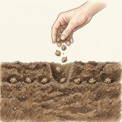 Silverbeet seed clusters being sown in a shallow row