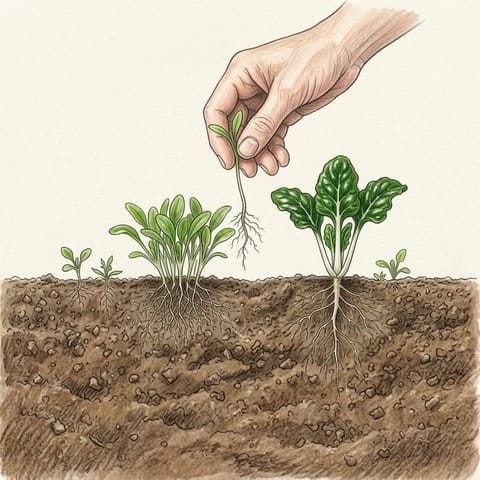 A tuft of silverbeet seedlings being thinned to one
