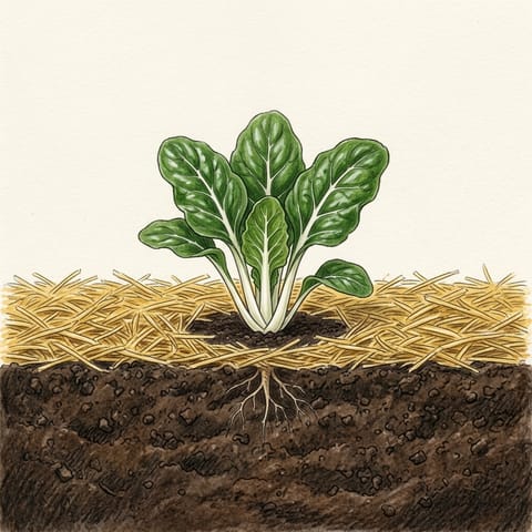 A young silverbeet plant with straw mulch around it