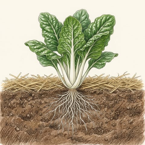 A leafy young silverbeet plant with white stalks