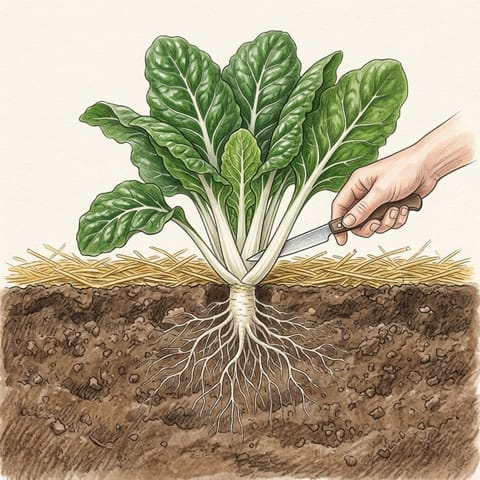 A hand cutting an outer silverbeet leaf at its base