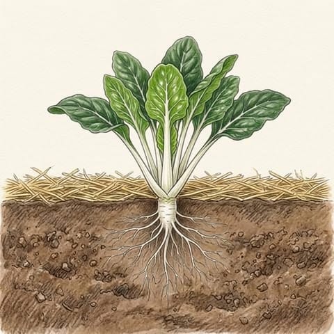 Fresh young leaves growing from the centre of a picked silverbeet plant