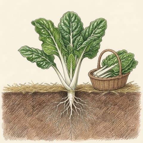 A basket of picked silverbeet beside the plant