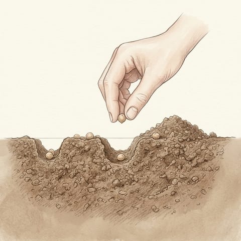 A hand dropping spinach seeds into a shallow row