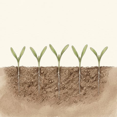 A row of tiny spinach seedlings just through the soil
