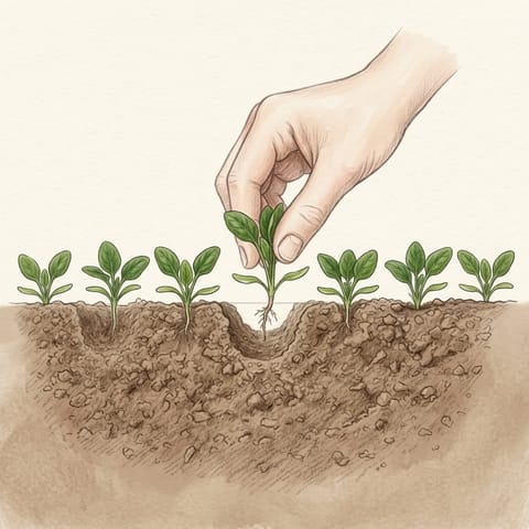 Fingers pulling a spare seedling from a row of young spinach