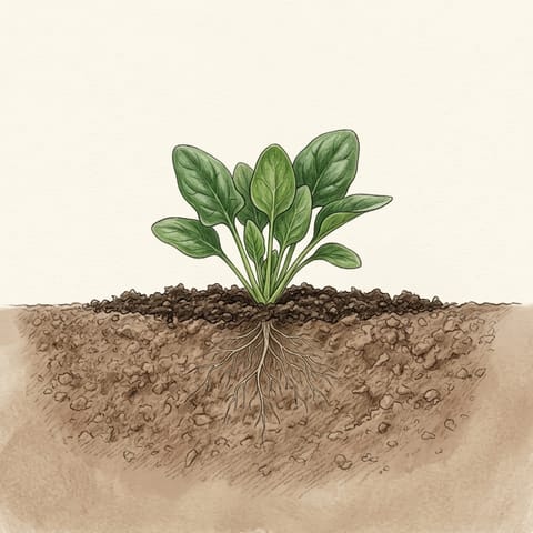 A young spinach plant with compost mulch around it