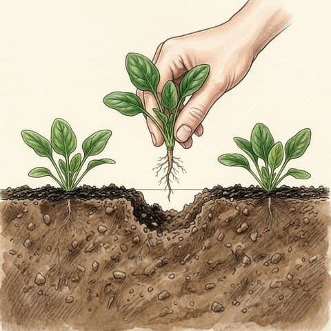 A hand lifting a whole young spinach plant from the row