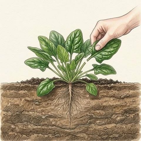 A hand picking an outer leaf from a leafy spinach plant