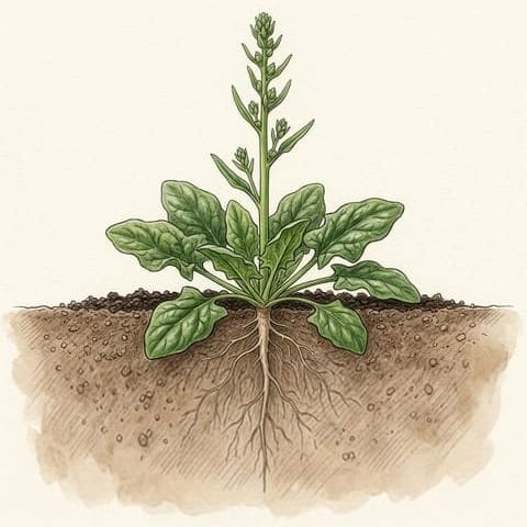 A spinach plant with a stalk rising from its centre