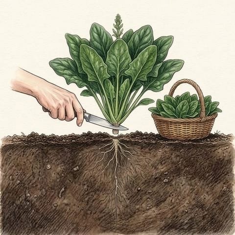 A hand cutting a whole spinach plant beside a basket of leaves