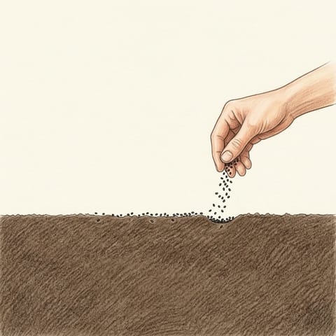 A hand sowing spring onion seeds along a shallow row