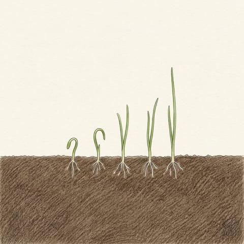 Tiny spring onion seedlings like fine grass in a row