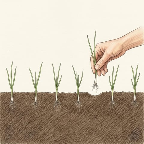 Fingers pulling a spare seedling from a row of spring onions