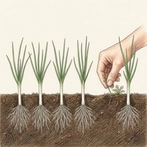 A hand pulling a small weed beside a row of young spring onions