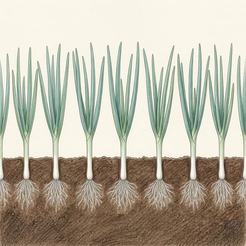 A row of spring onions with slim white stems in the soil