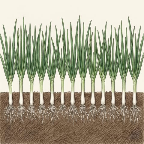 Full-grown spring onions in a row, white stems in the soil