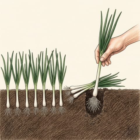 A hand pulling a spring onion from the row