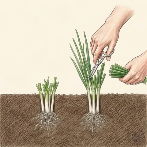 Spring onion leaves cut a few centimetres above the soil, regrowing