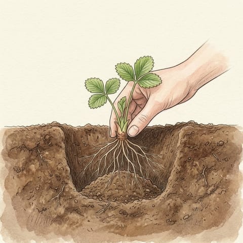 A young strawberry plant being set in the soil with its crown at the surface
