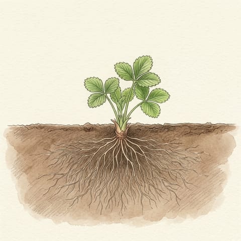 A young strawberry plant with fresh leaves and spreading roots