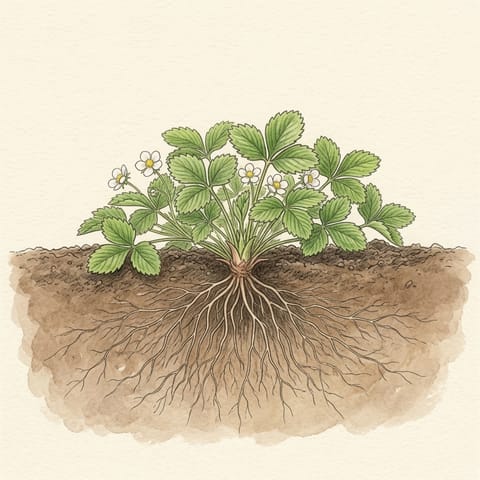 A strawberry plant with small white flowers