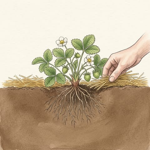 A hand tucking straw under a strawberry plant with small green berries