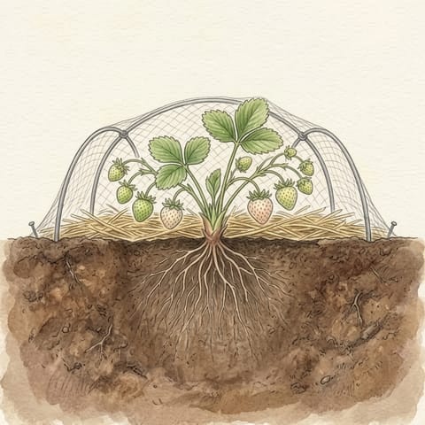 A strawberry plant on straw under netting on low hoops