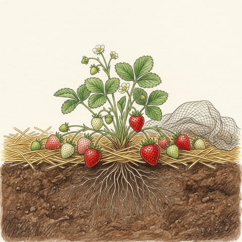 Strawberries ripening from green to red on a bed of straw