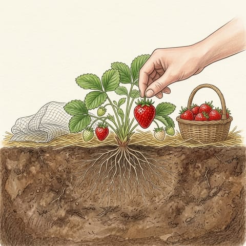 A hand picking a ripe strawberry beside a small basket
