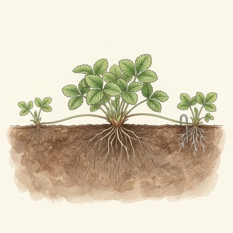 Strawberry runners with small new plants rooting beside the parent plant