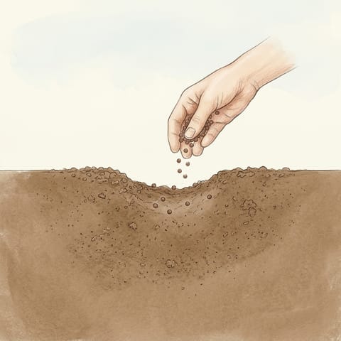 A hand sowing swede seeds along a shallow drill