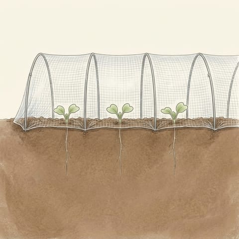 Swede seedlings under a low tunnel of fine insect mesh