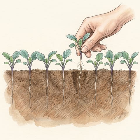 Fingers pulling a spare swede seedling from the row