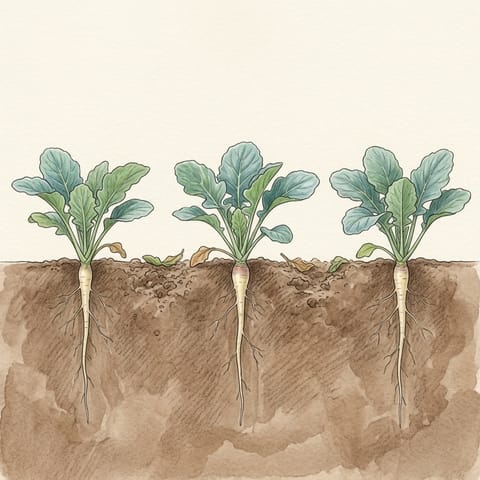 Young swede plants widely spaced along the row
