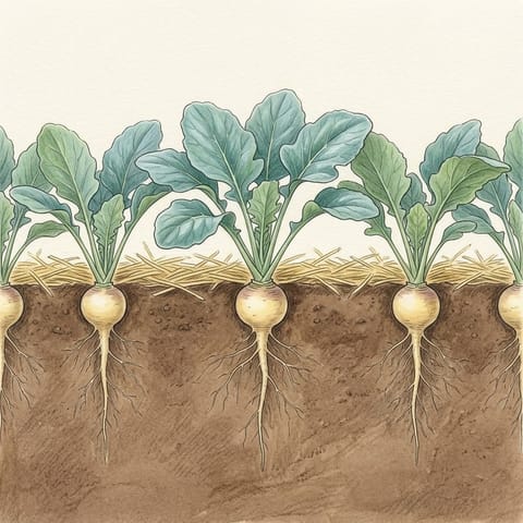 Swede plants with straw on the soil between them