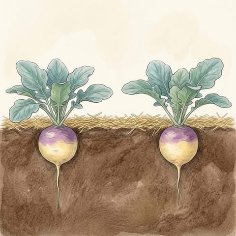 Two swede roots swelling, purple at the top, under straw mulch