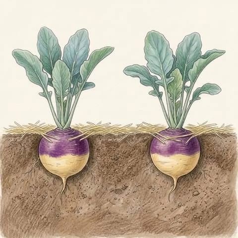Two full-sized, purple-topped swedes below large leaves