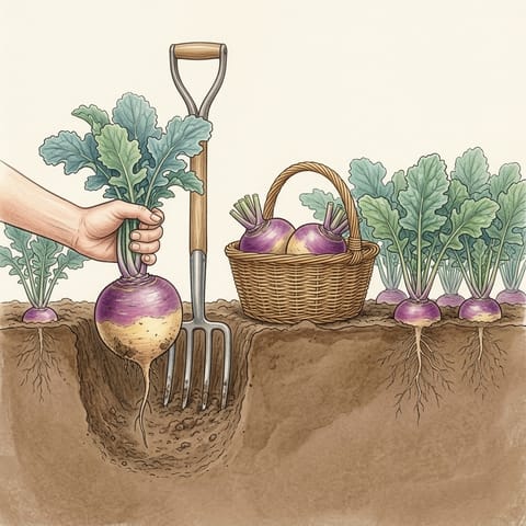 A hand lifting a swede beside a basket